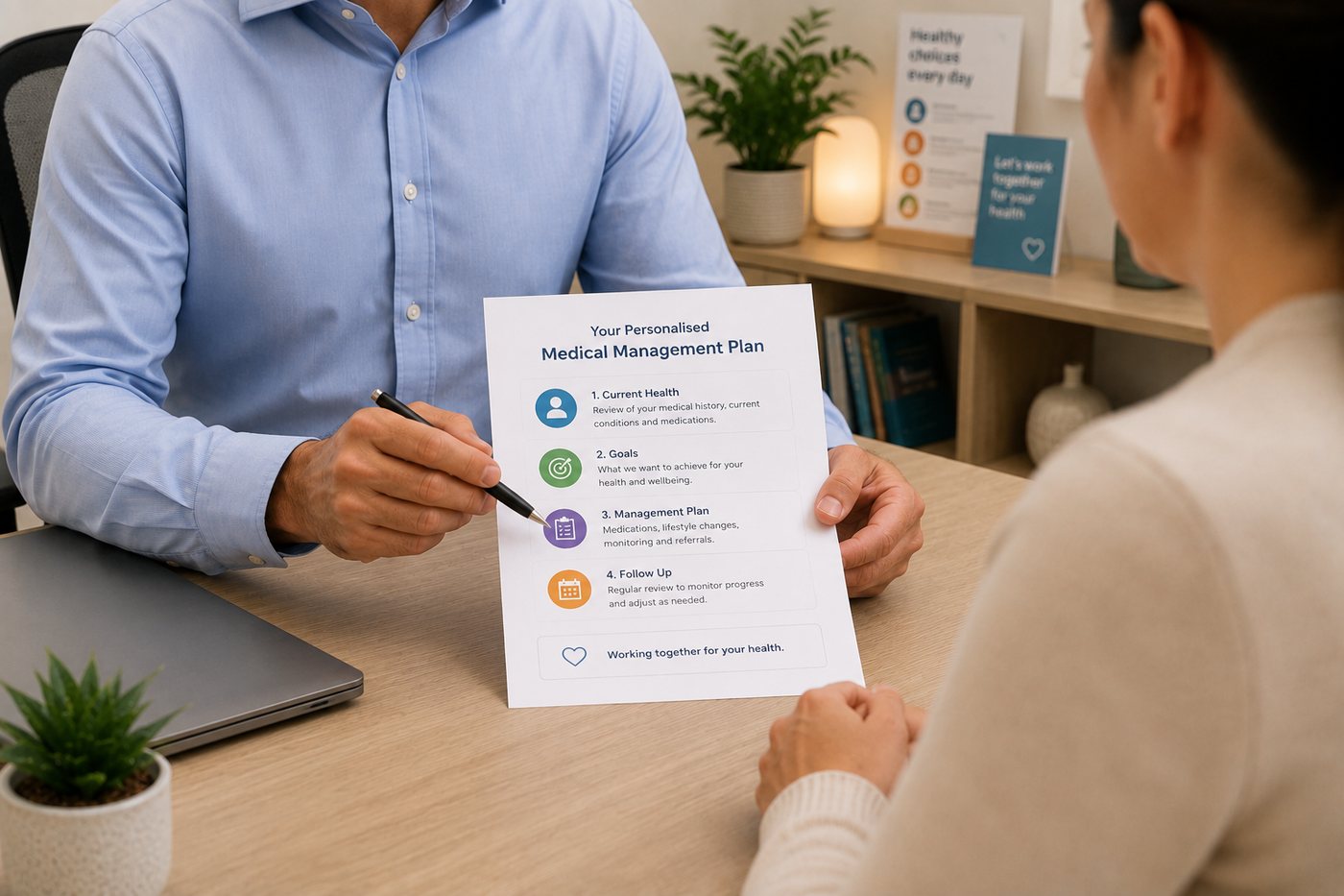 GP Chronic Condition Management Plan: a doctor going through a written plan with a patient