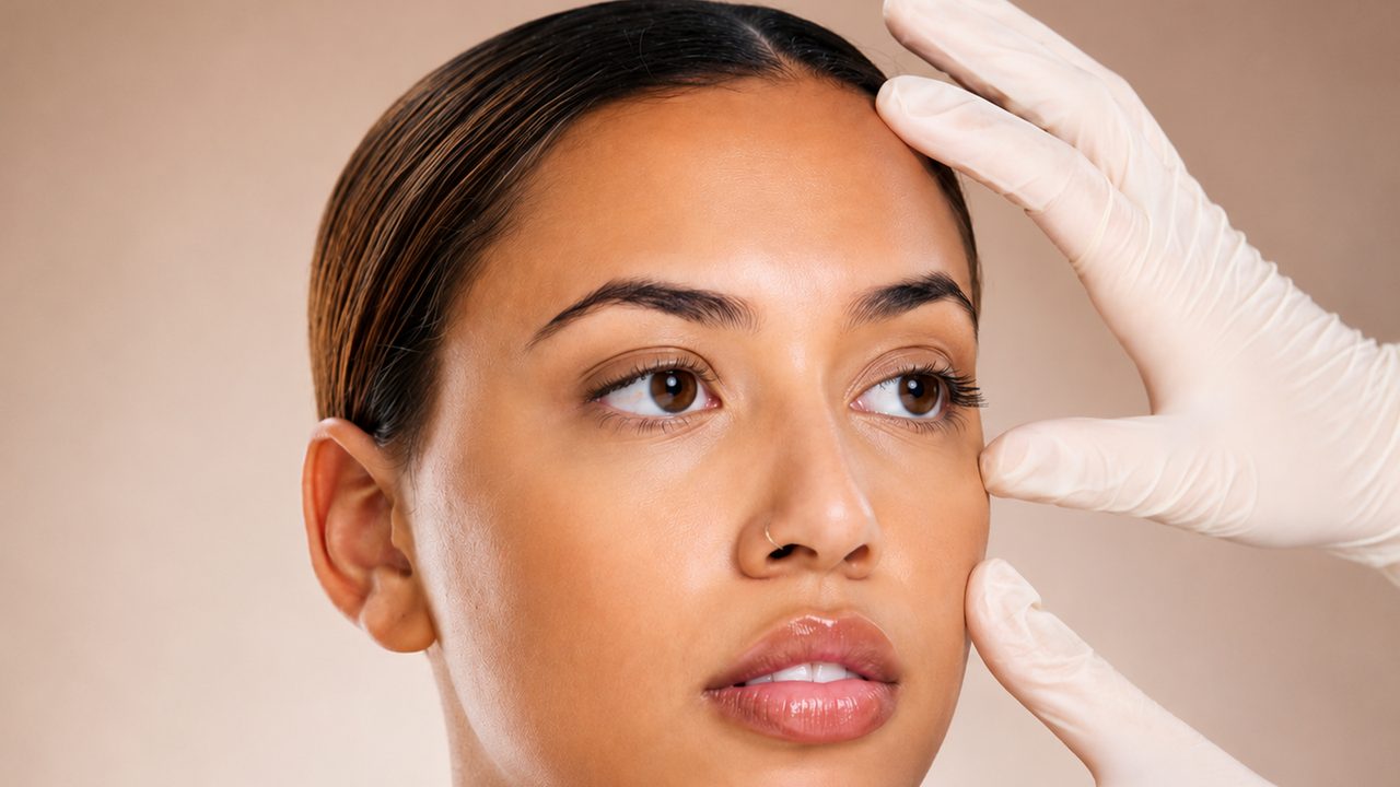 A woman&rsquo;s face being assessed by a clinician in gloves during a cosmetic consultation