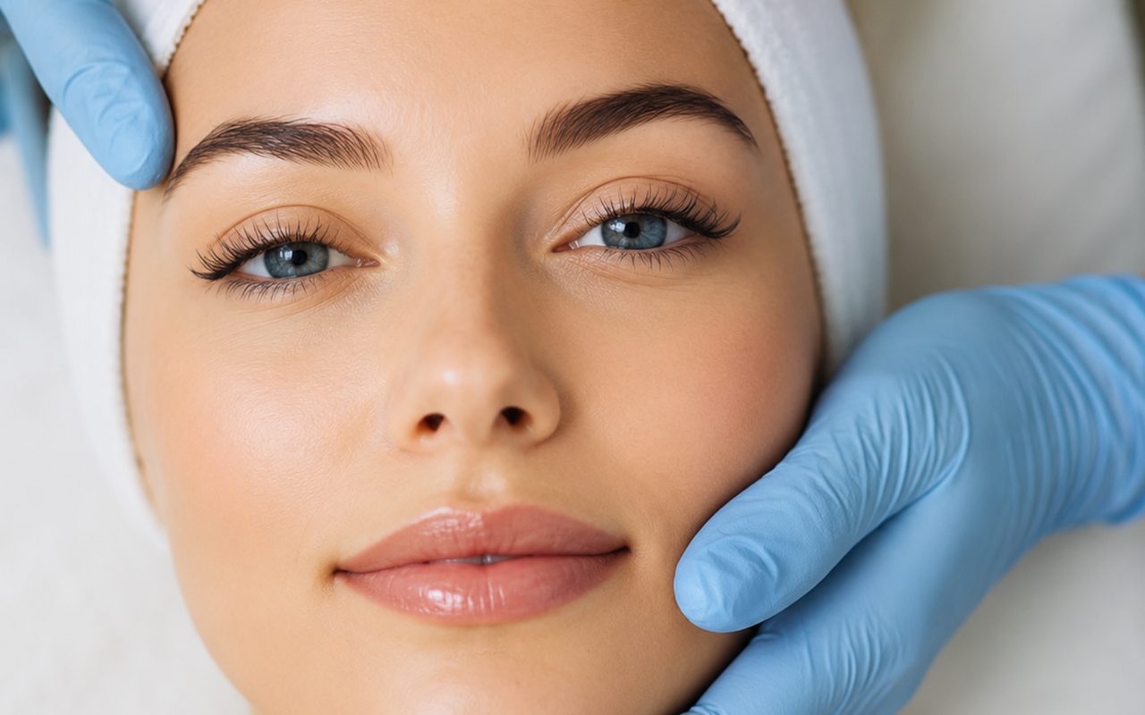 A patient&rsquo;s face being assessed by a clinician in gloves during a cosmetic consultation