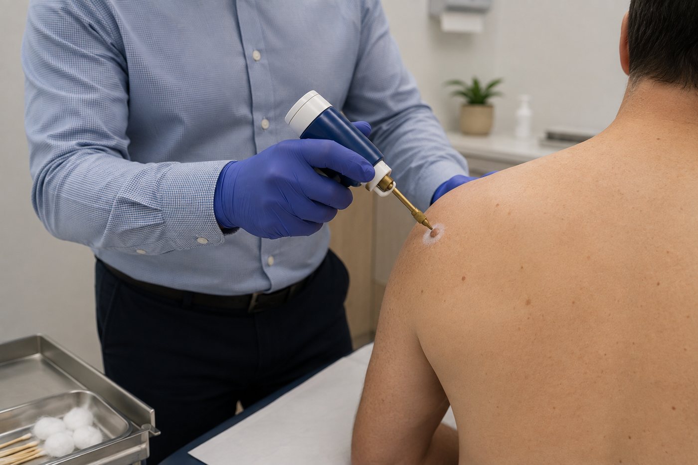 Cryotherapy: a doctor applying liquid nitrogen to a spot on a patient&rsquo;s shoulder