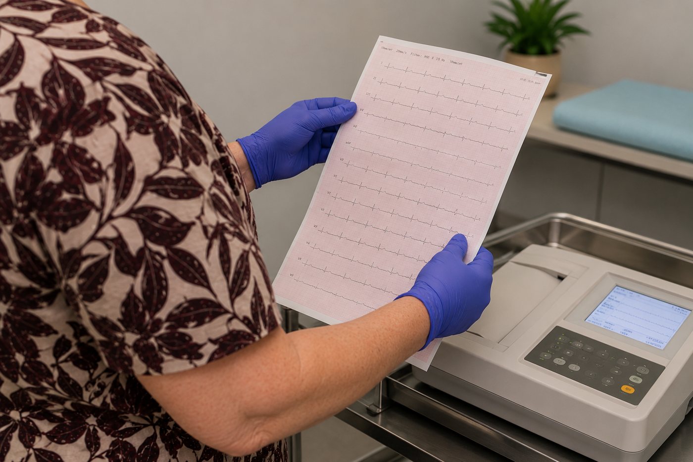 ECG: a nurse reviewing a printed heart tracing beside the ECG machine