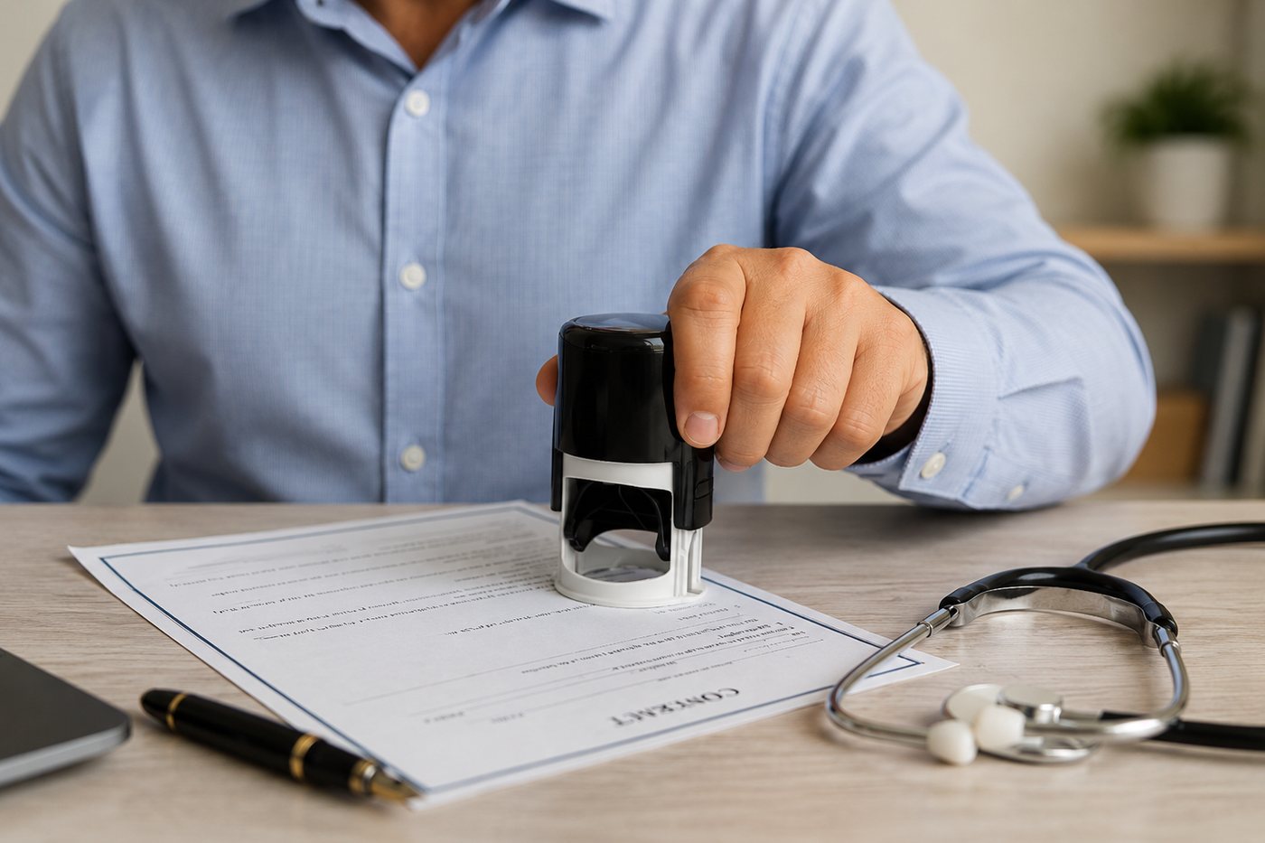 Medical certificates: a doctor stamping a medical document at a desk