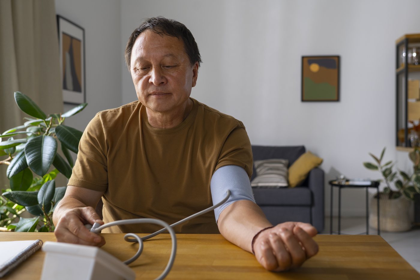 Medicare health assessment: an older man taking a blood pressure reading with a home monitor