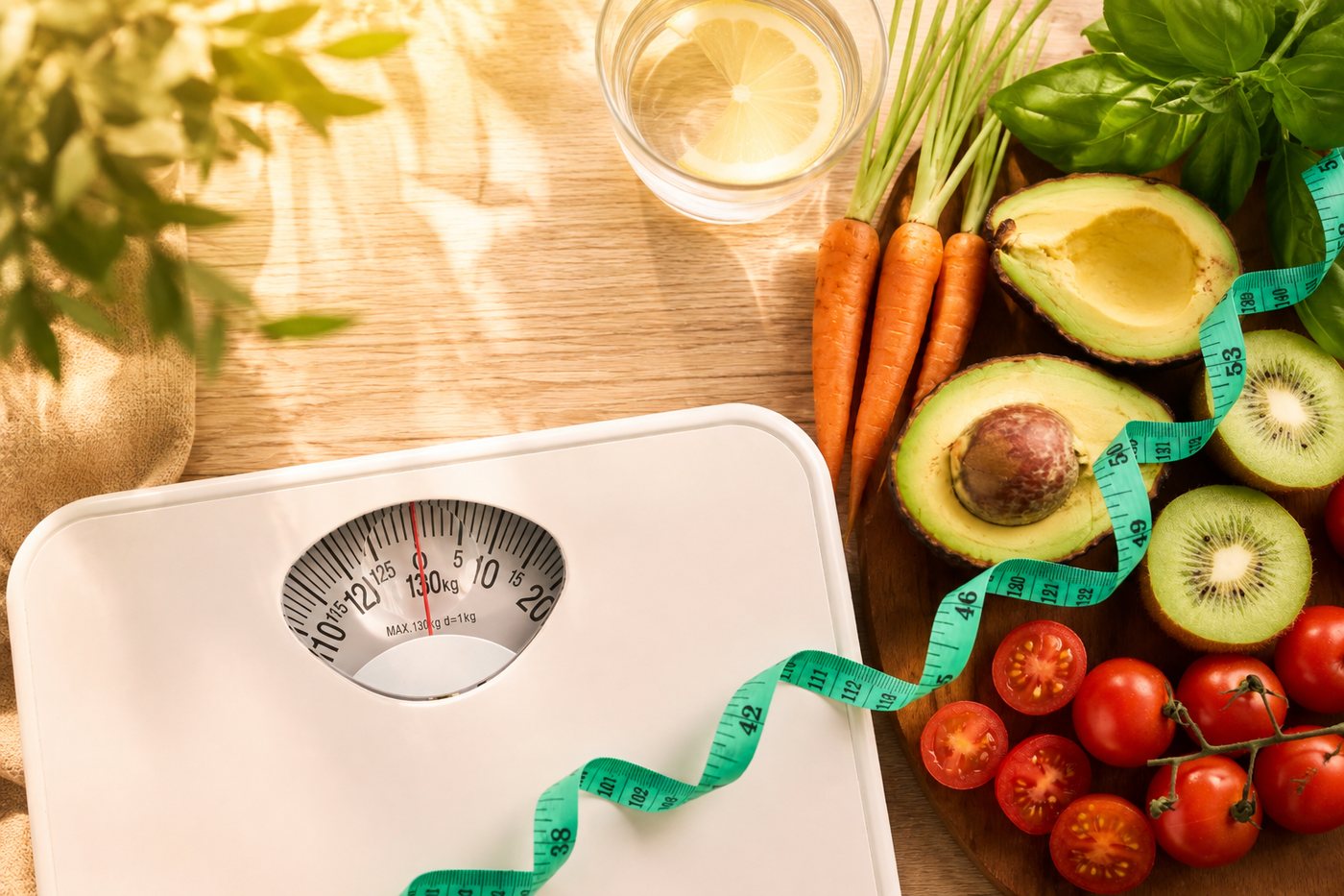 Weight and lifestyle: bathroom scales on a table beside fresh vegetables and fruit