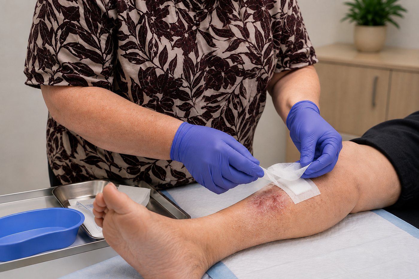 Wound and dressing care: a nurse applying a sterile dressing to a wound on a patient&rsquo;s lower leg